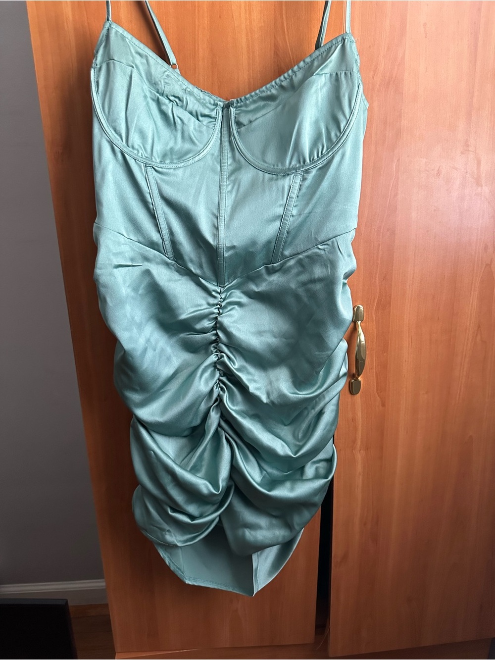 PrettyLittleThing Teal Satin Corset Ruched Bodycon Dress